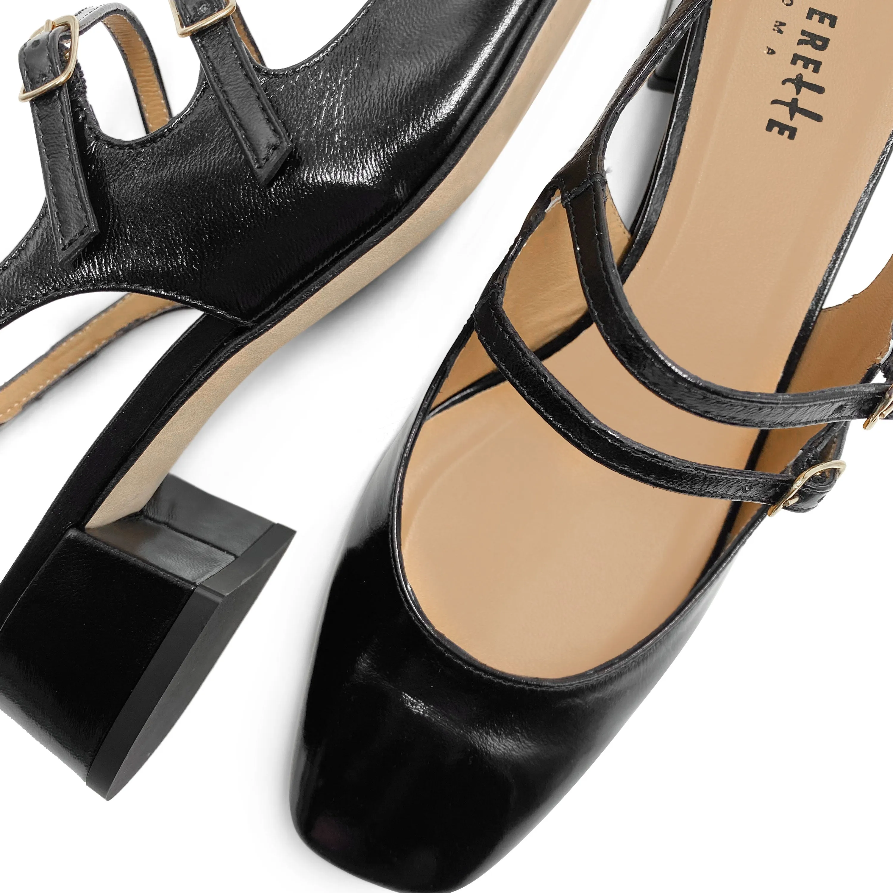 Black shiny leather slingback ballet flats with heel