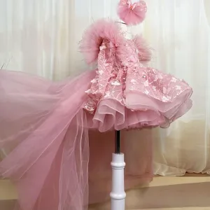 Bow flower Dress for girls Baby birthday party Princess dress tail can be removed Colors can be customized