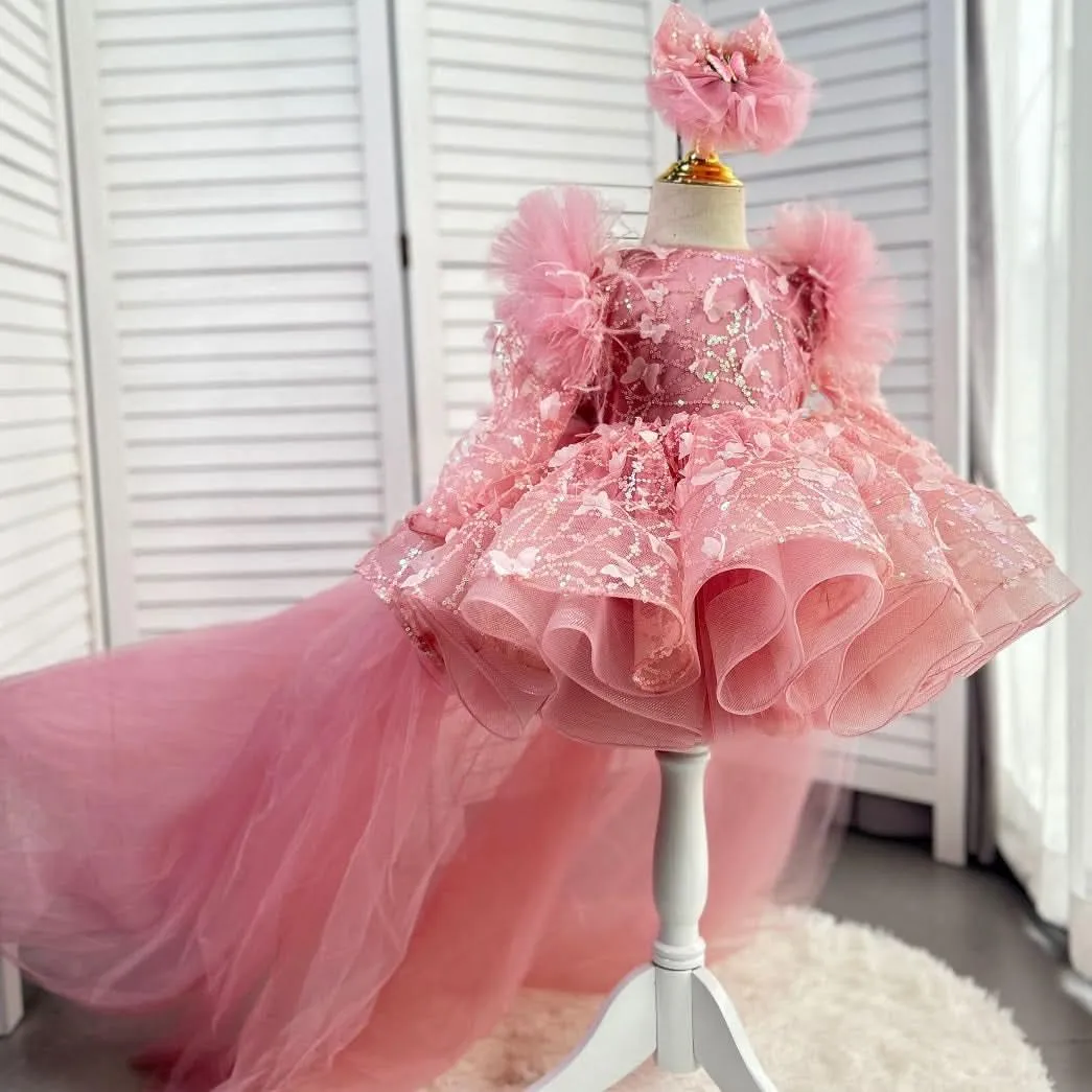 Bow flower Dress for girls Baby birthday party Princess dress tail can be removed Colors can be customized