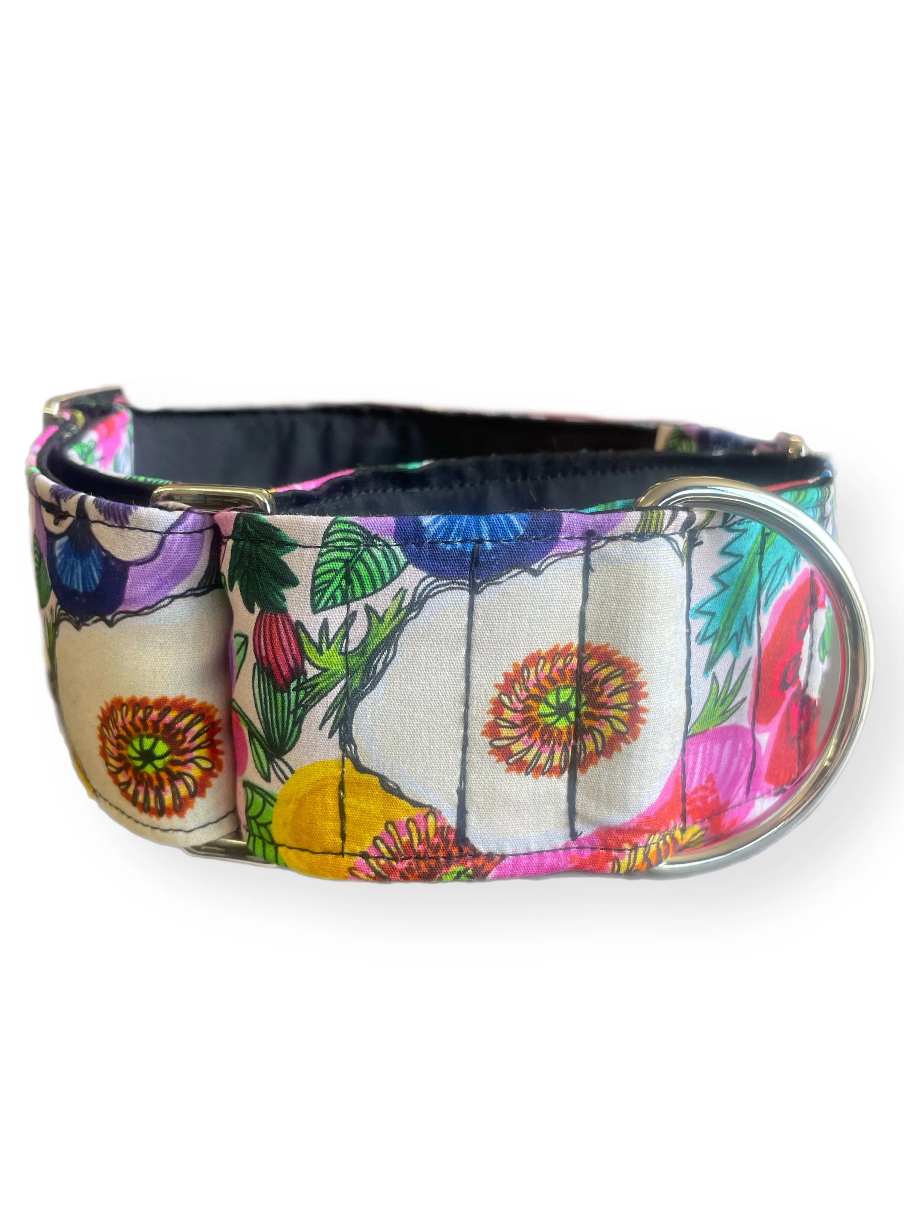 Bright pansies on vivid white  greyhound Martingale collar cotton covered 50mm width super soft