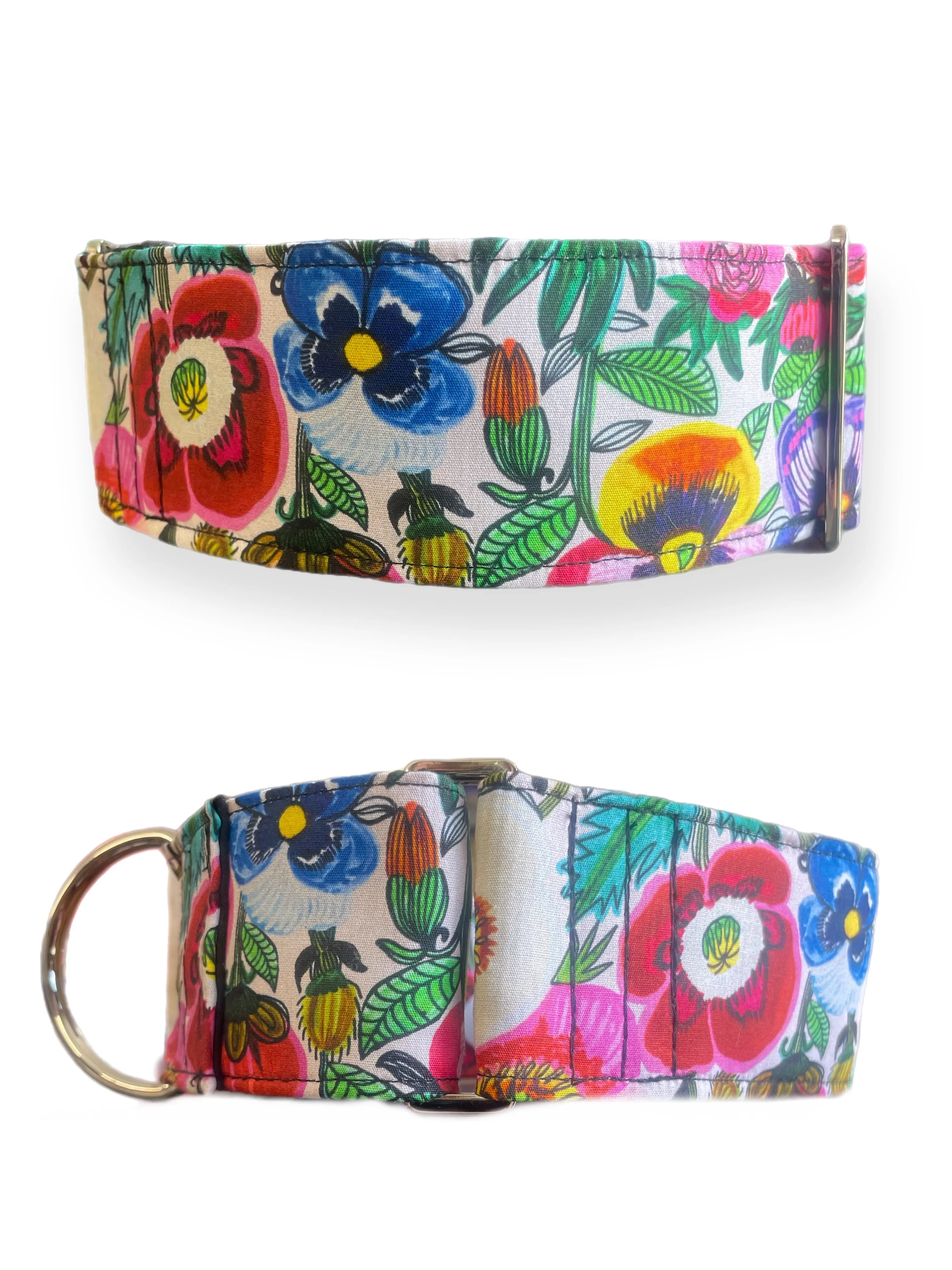 Bright pansies on vivid white  greyhound Martingale collar cotton covered 50mm width super soft
