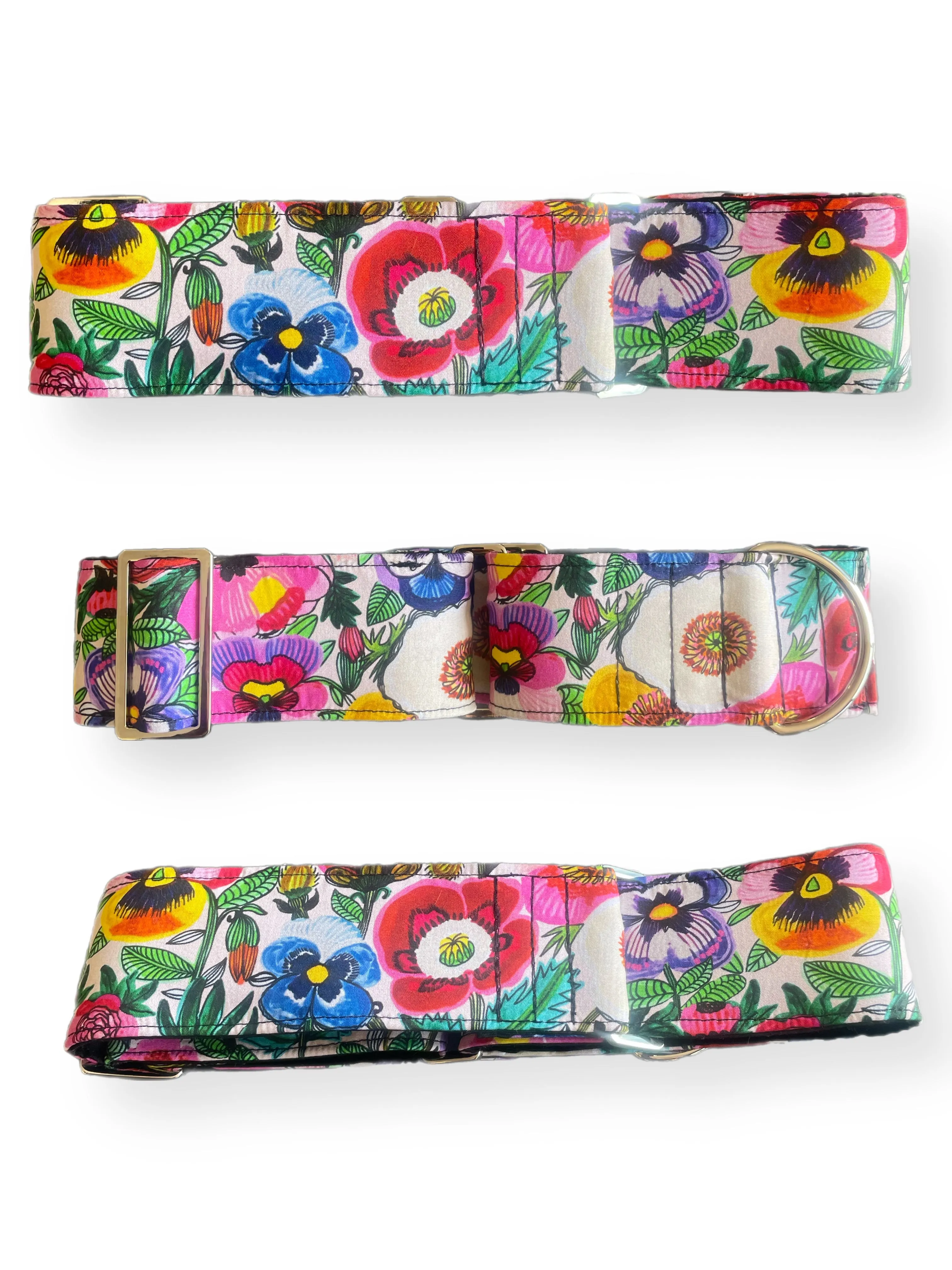Bright pansies on vivid white  greyhound Martingale collar cotton covered 50mm width super soft