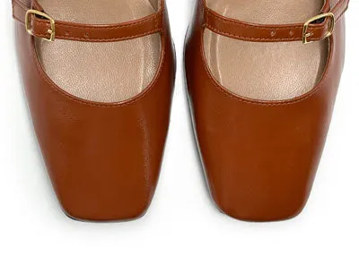 Brown shiny leather Mary Jane shoes with two straps and high heels