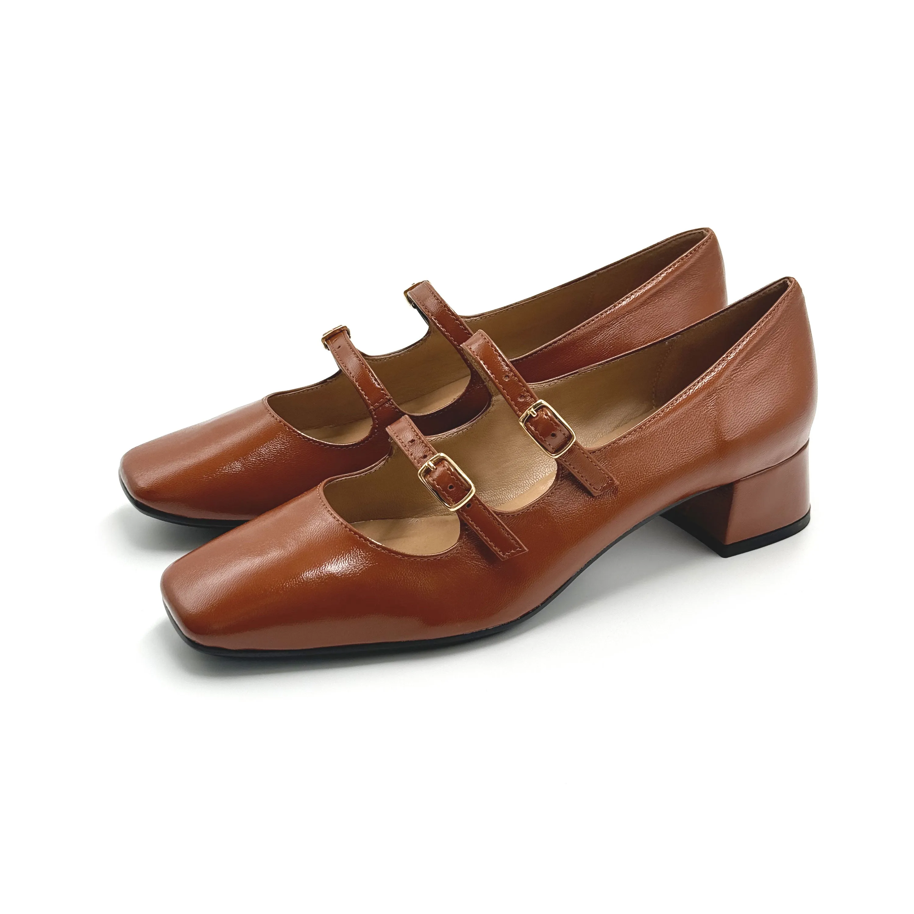 Brown shiny leather Mary Jane shoes with two straps and high heels