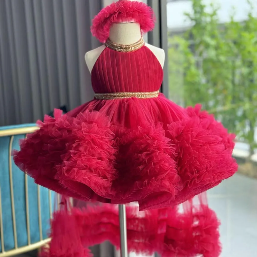 Burgundy girl's birthday party princess dress with train and neck TuTU dress tail can be removed
