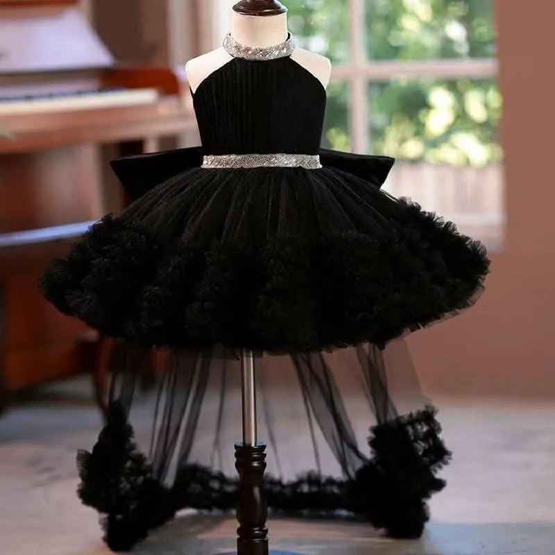 Burgundy girl's birthday party princess dress with train and neck TuTU dress tail can be removed