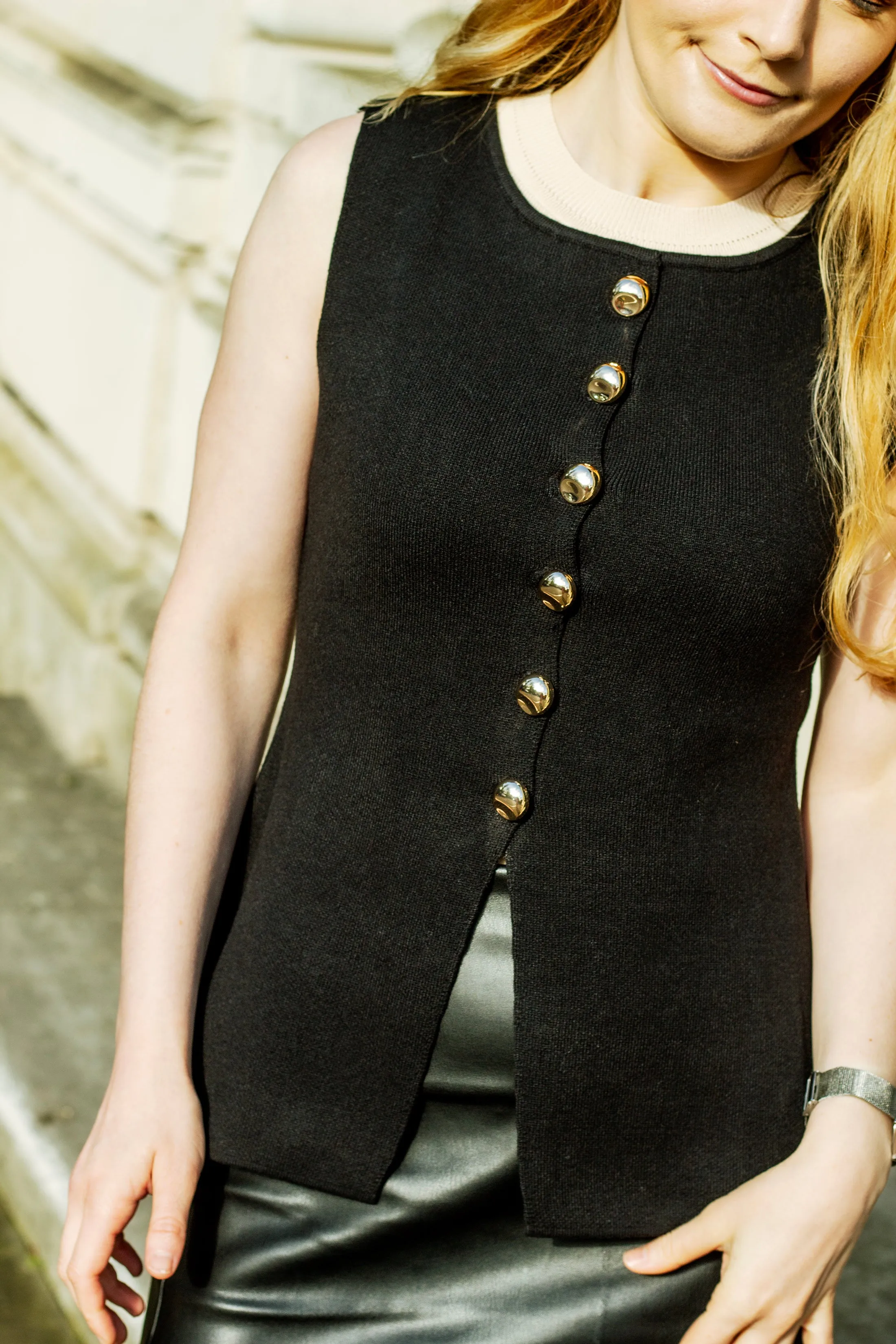 Button Down Split Front Peplum Vest Top