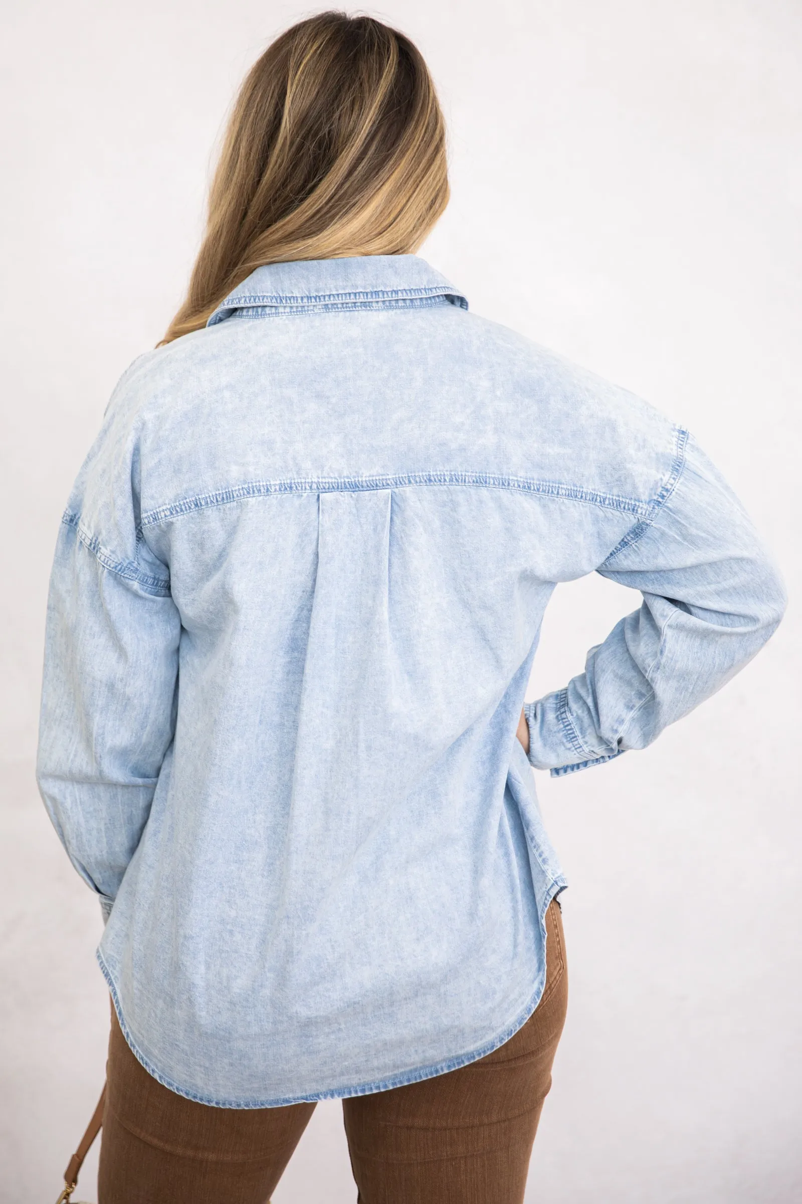 Chambray Washed Button Up Woven Top