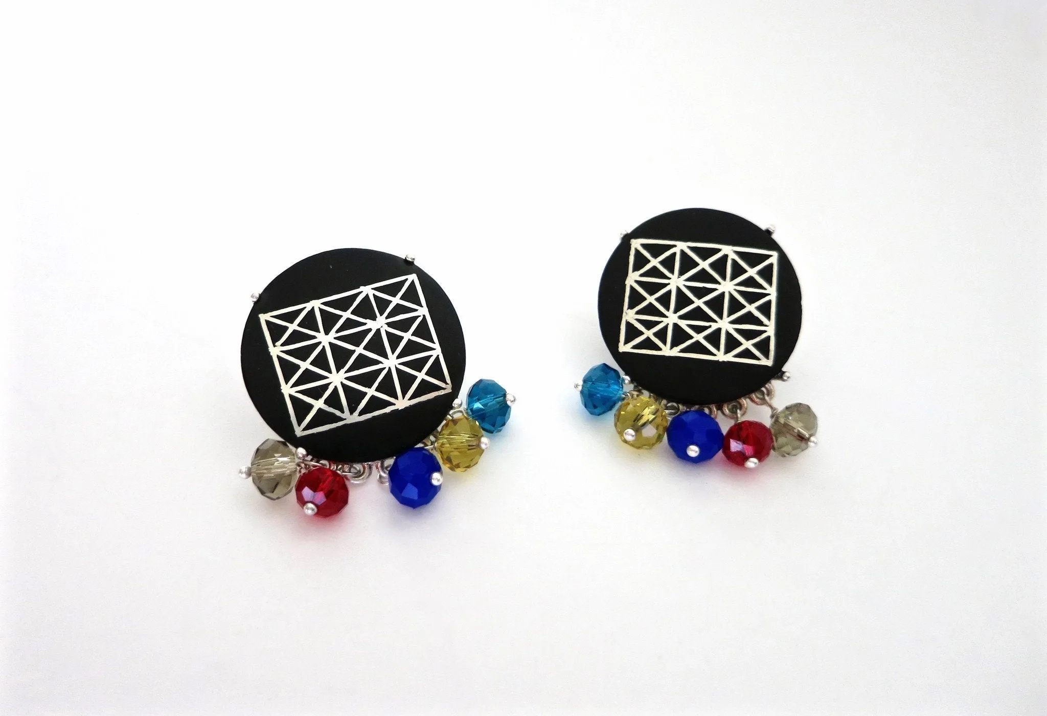 Chic, colourful, and fun, round Bidri earrings