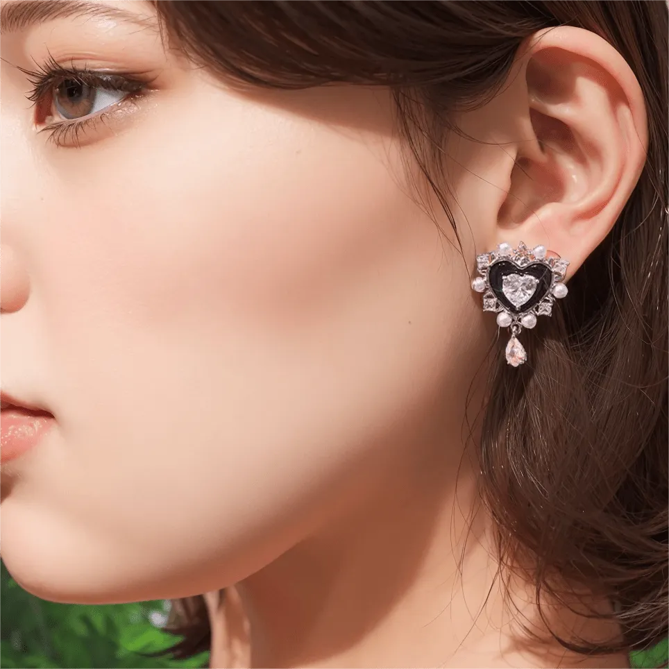 Chic CZ Inlaid Dangle Heart Pearl Earrings