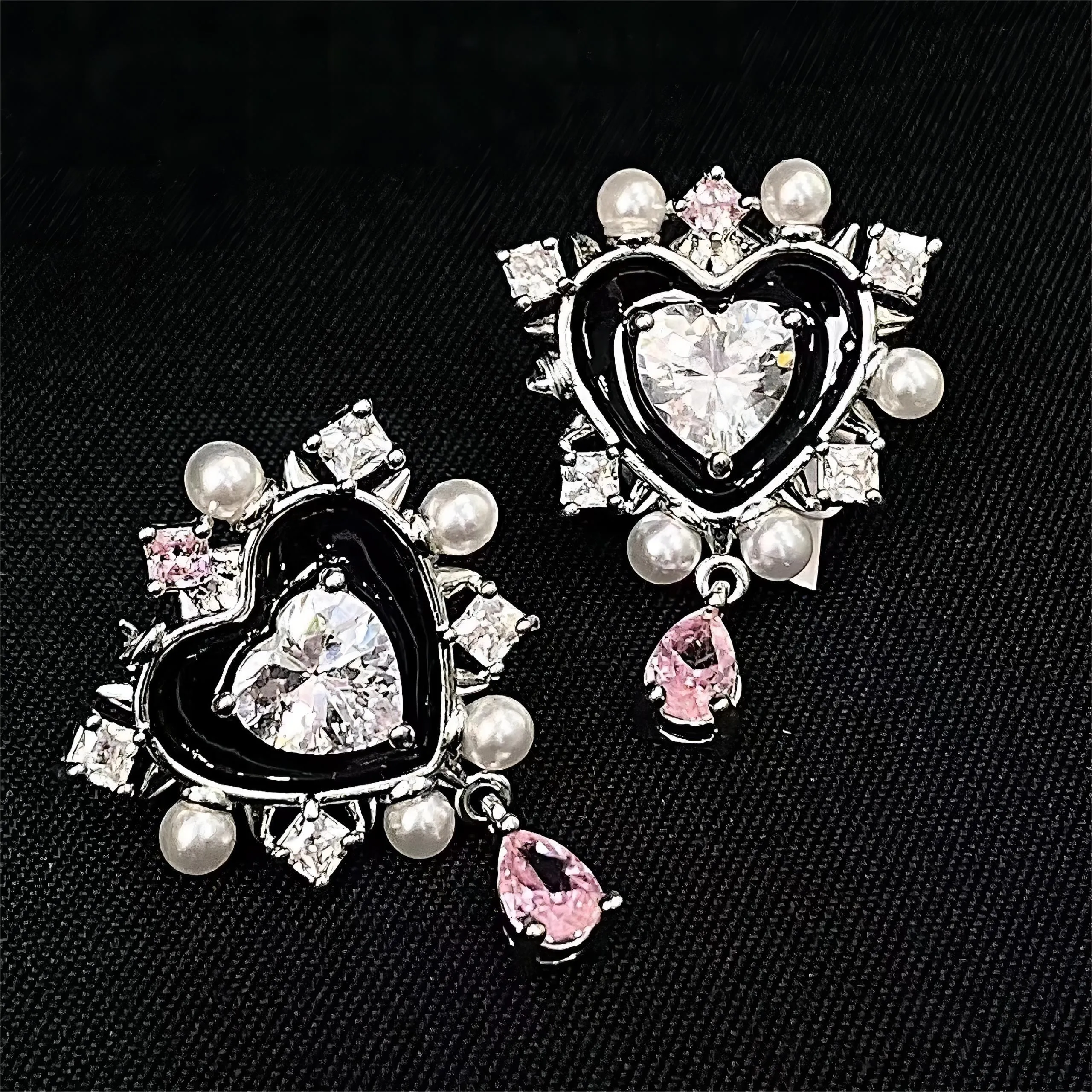Chic CZ Inlaid Dangle Heart Pearl Earrings