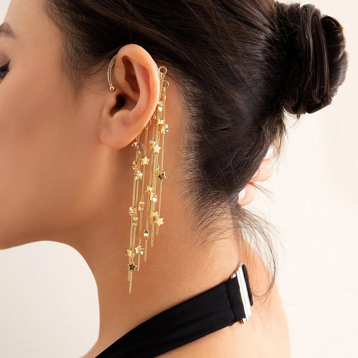 Chic Gold Tone Dangling Star Tassel Ear Wrap Earring