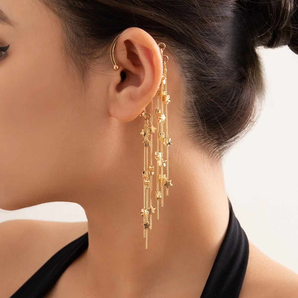 Chic Gold Tone Dangling Star Tassel Ear Wrap Earring