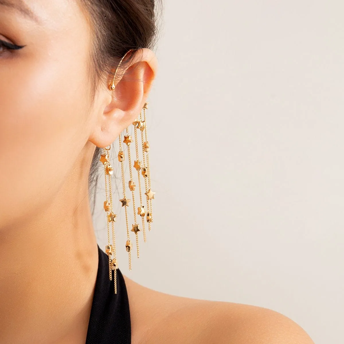 Chic Gold Tone Dangling Star Tassel Ear Wrap Earring