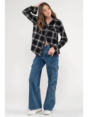 Collared Plaid Long Sleeve Woven Top