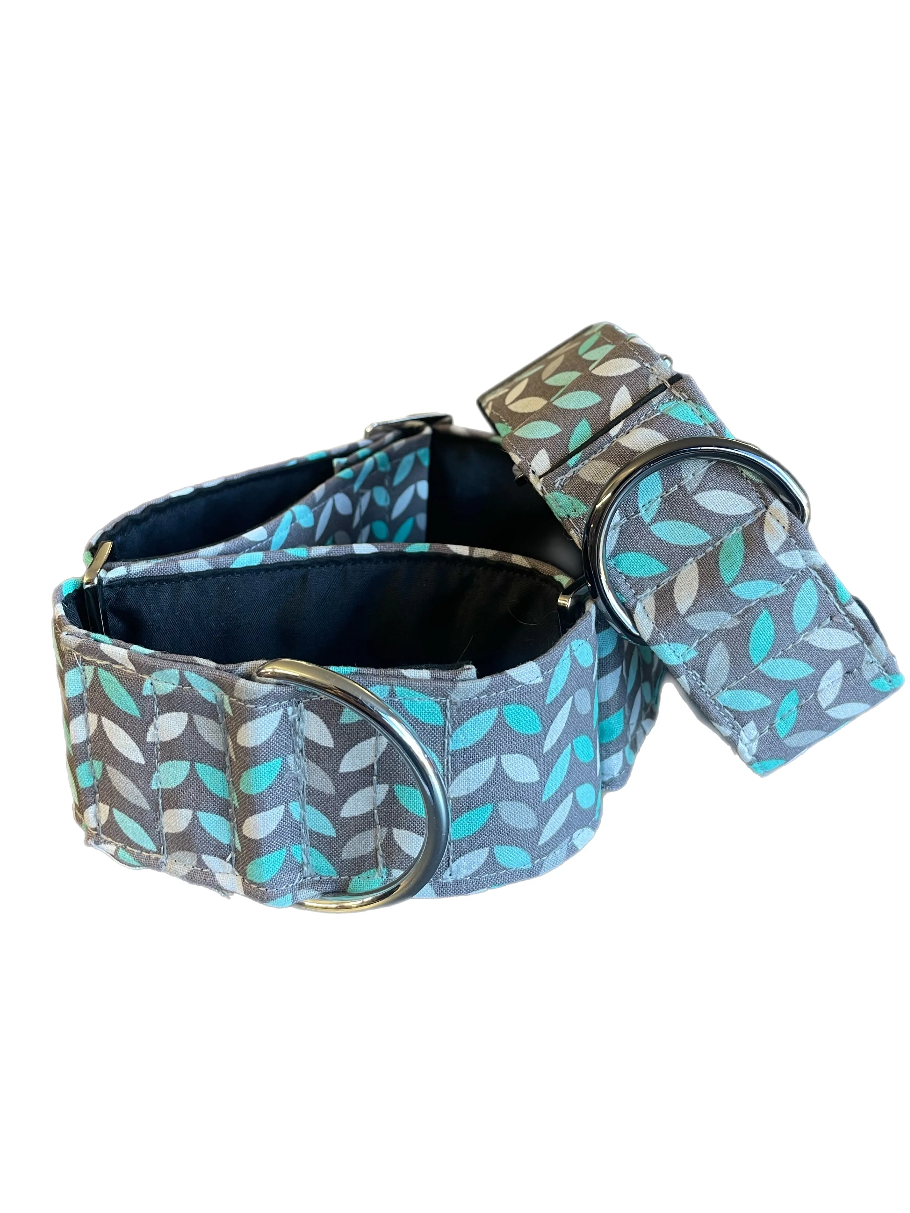 Cotton covered super soft greyhound Martingale 50mm width grey & mint aqua design whippet 38mm collar