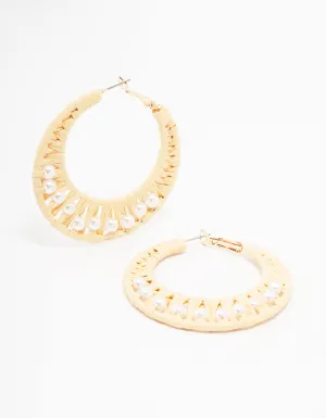 Cream Woven Raffia Fabric Hoop Earrings