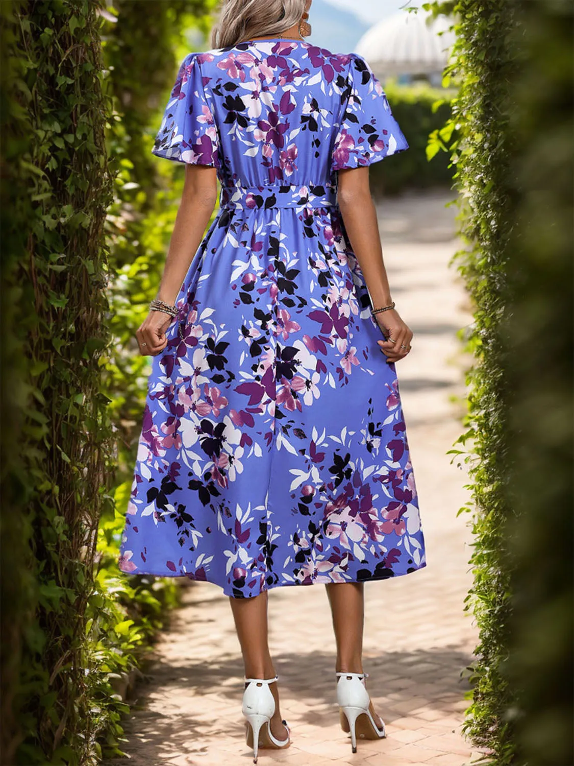 Drake High-Low Printed Surplice Short Sleeve Midi Dress