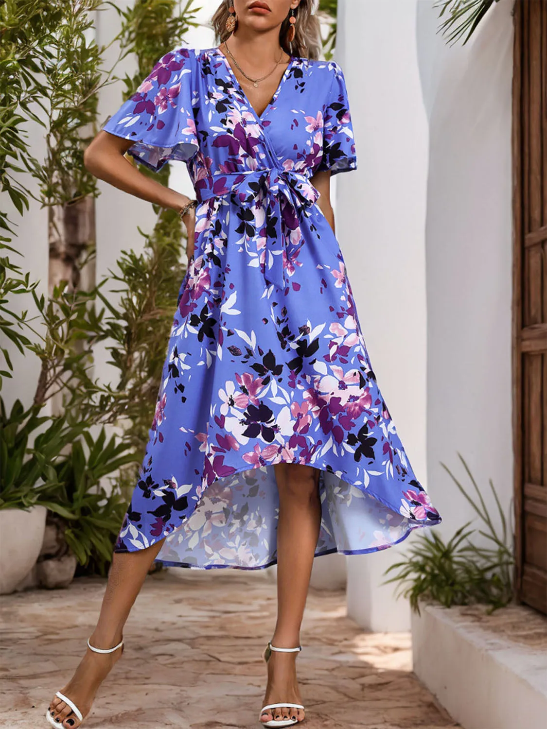 Drake High-Low Printed Surplice Short Sleeve Midi Dress