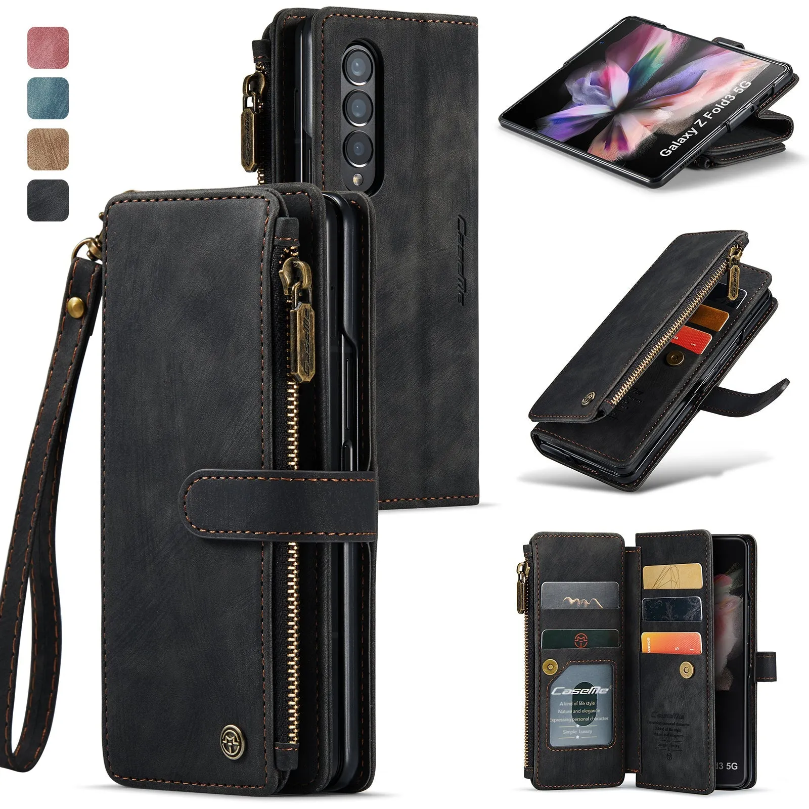 Durable PU Leather Magnetic Wallet Flip Lanyard Strap Wristlet Zipper Card Holder Phone Case for Samsung Galaxy Z Fold 3/Z Fold 4