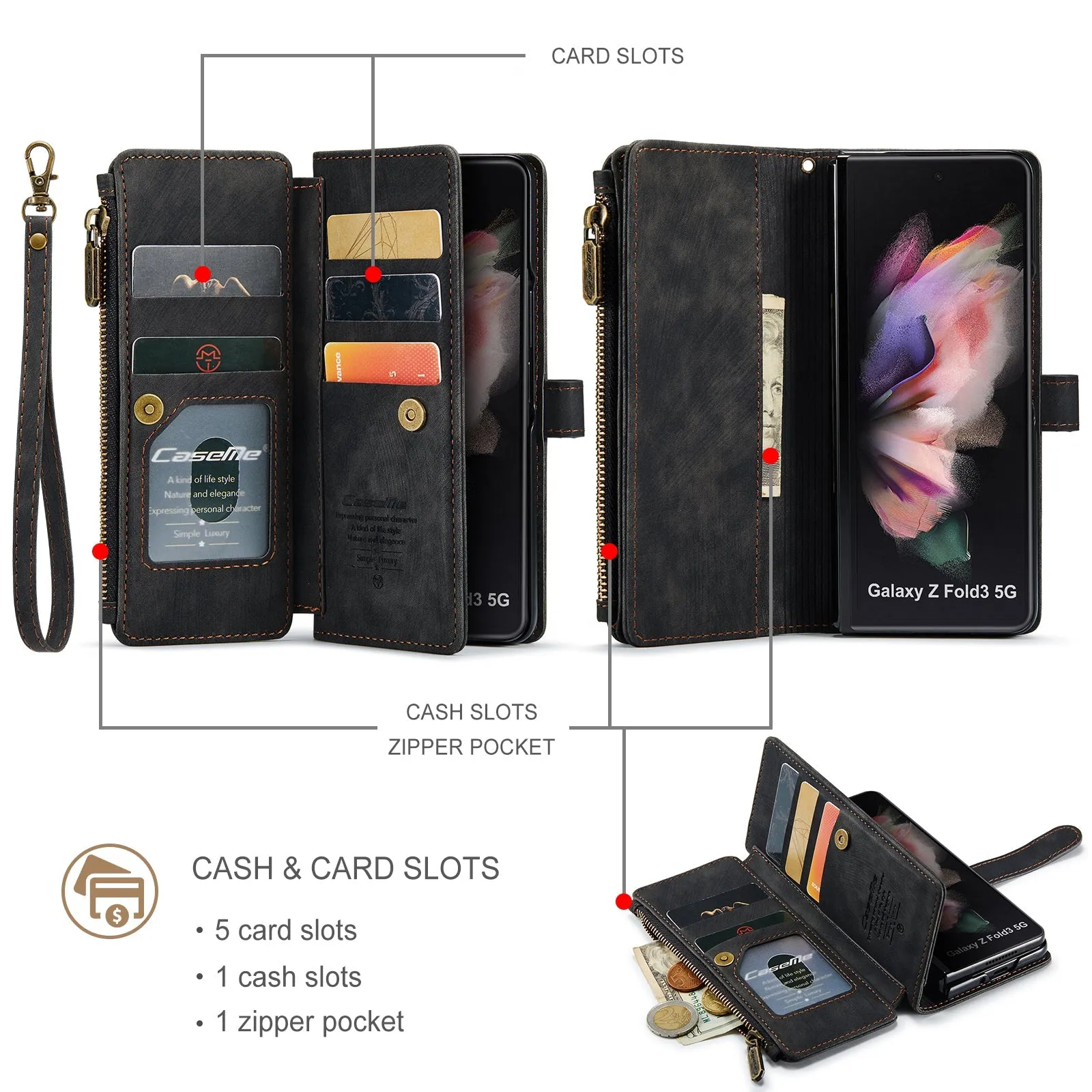 Durable PU Leather Magnetic Wallet Flip Lanyard Strap Wristlet Zipper Card Holder Phone Case for Samsung Galaxy Z Fold 3/Z Fold 4