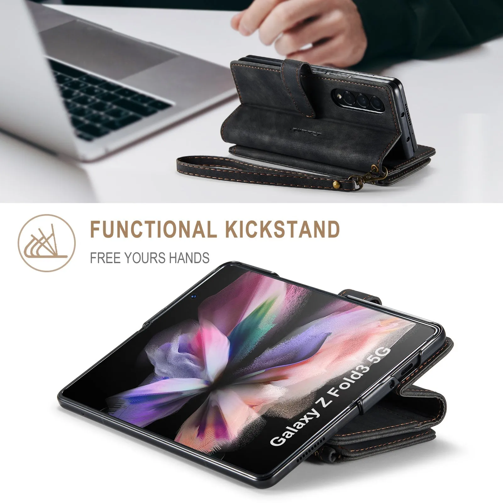 Durable PU Leather Magnetic Wallet Flip Lanyard Strap Wristlet Zipper Card Holder Phone Case for Samsung Galaxy Z Fold 3/Z Fold 4