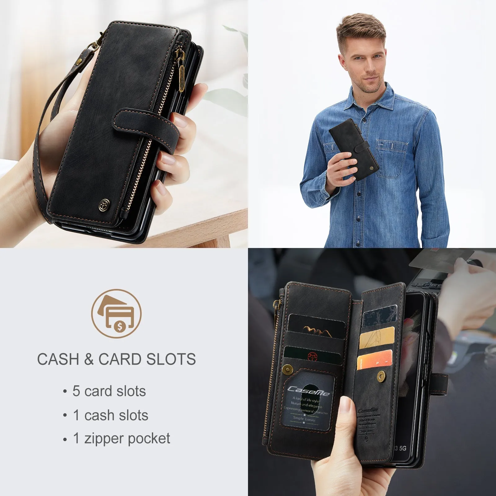 Durable PU Leather Magnetic Wallet Flip Lanyard Strap Wristlet Zipper Card Holder Phone Case for Samsung Galaxy Z Fold 3/Z Fold 4