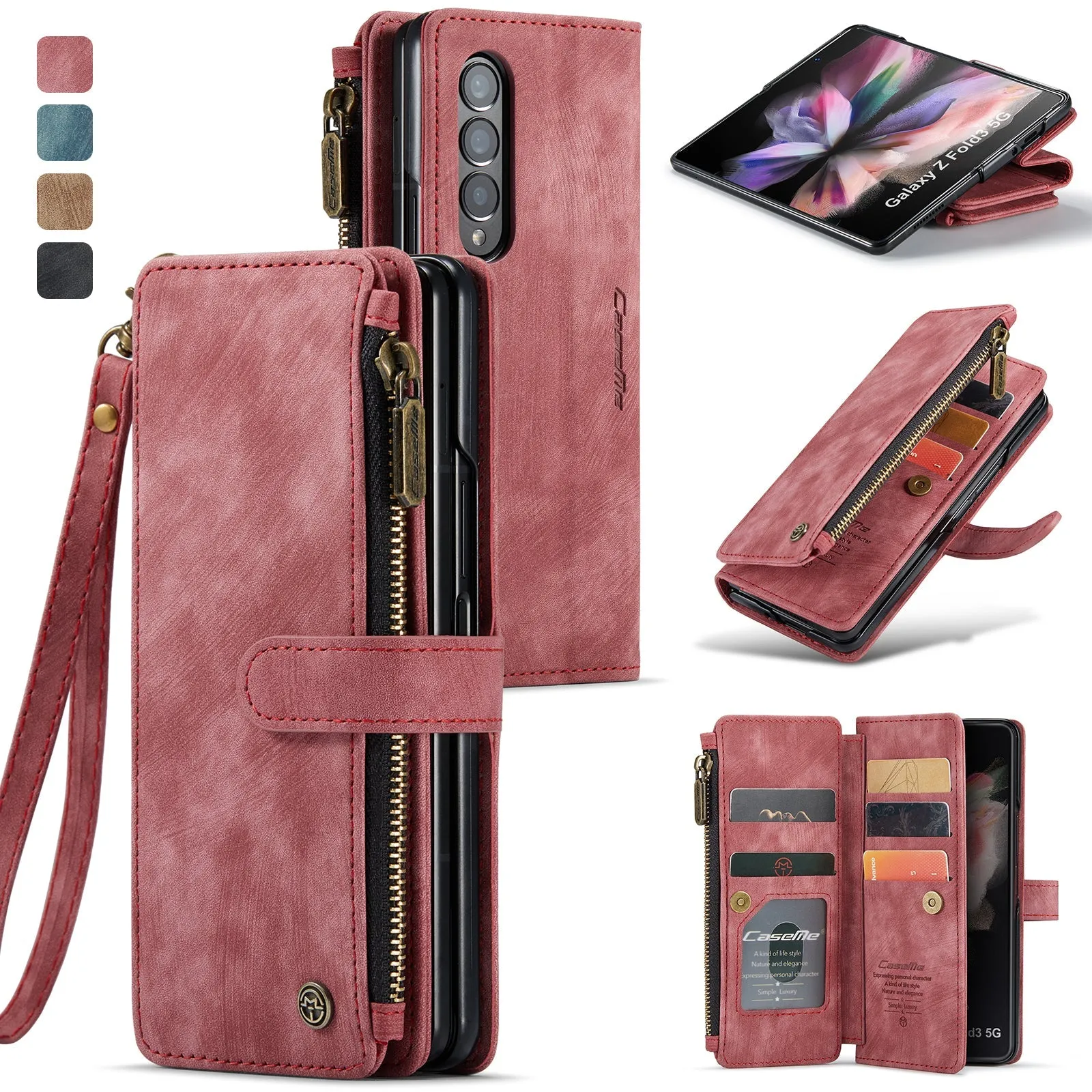 Durable PU Leather Magnetic Wallet Flip Lanyard Strap Wristlet Zipper Card Holder Phone Case for Samsung Galaxy Z Fold 3/Z Fold 4