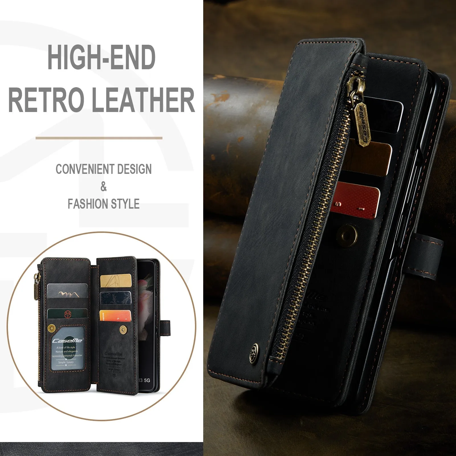 Durable PU Leather Magnetic Wallet Flip Lanyard Strap Wristlet Zipper Card Holder Phone Case for Samsung Galaxy Z Fold 3/Z Fold 4