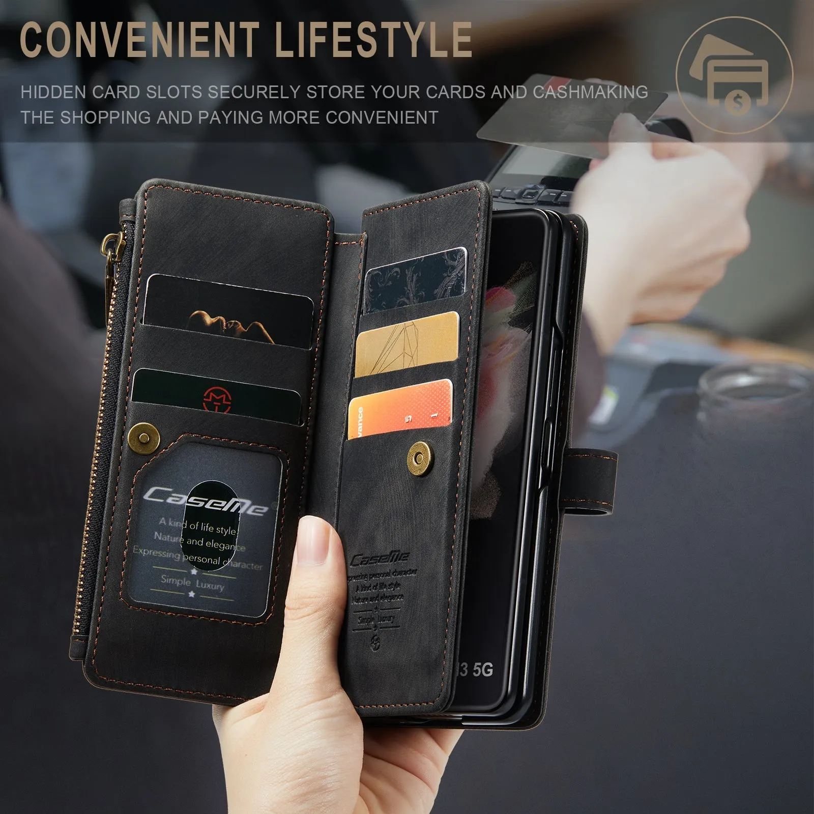 Durable PU Leather Magnetic Wallet Flip Lanyard Strap Wristlet Zipper Card Holder Phone Case for Samsung Galaxy Z Fold 3/Z Fold 4