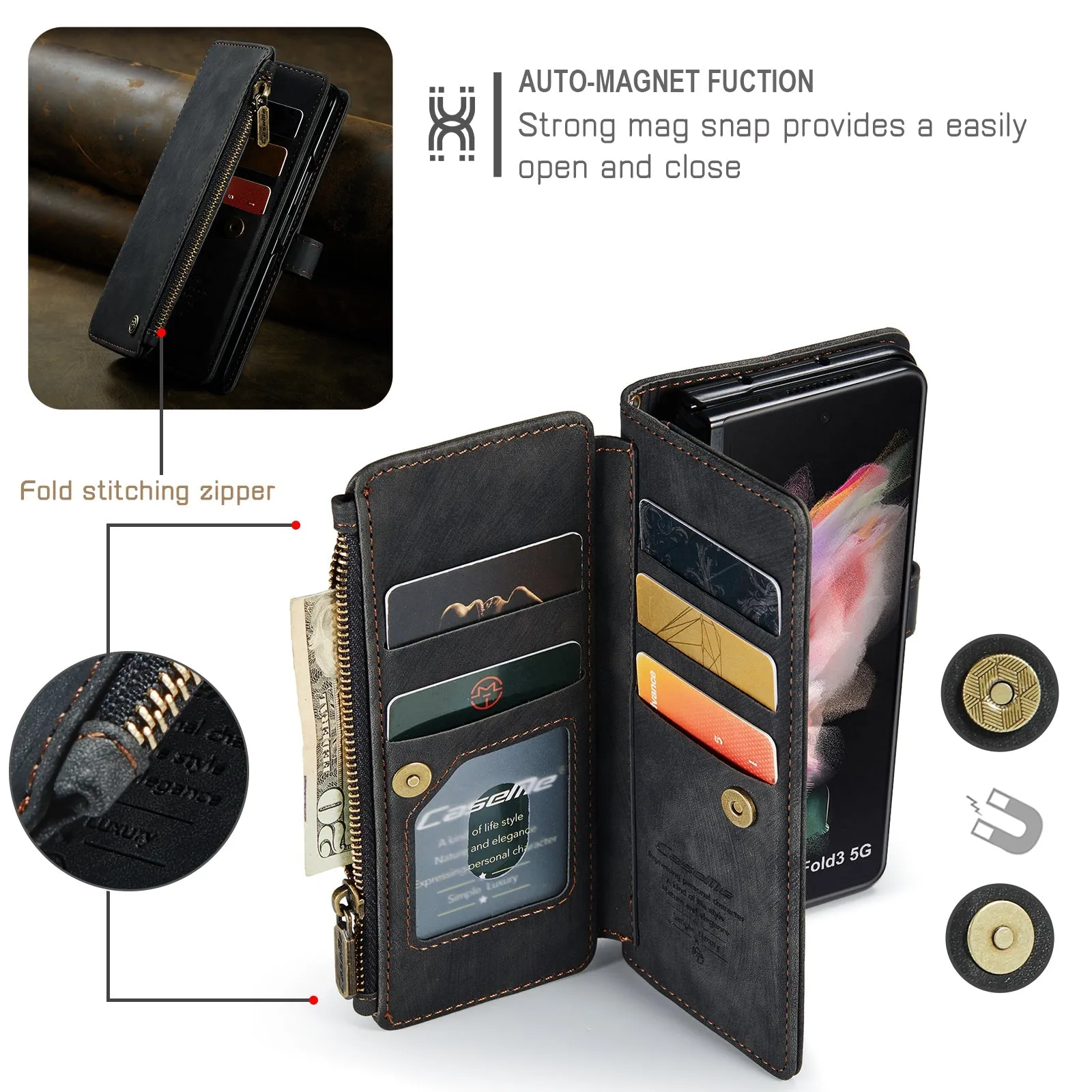 Durable PU Leather Magnetic Wallet Flip Lanyard Strap Wristlet Zipper Card Holder Phone Case for Samsung Galaxy Z Fold 3/Z Fold 4
