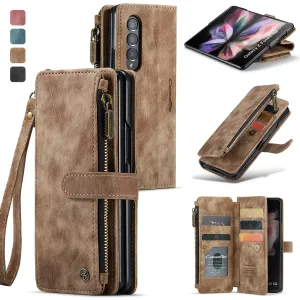 Durable PU Leather Magnetic Wallet Flip Lanyard Strap Wristlet Zipper Card Holder Phone Case for Samsung Galaxy Z Fold 3/Z Fold 4