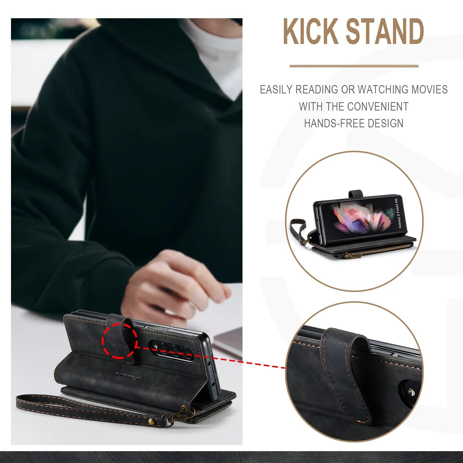 Durable PU Leather Magnetic Wallet Flip Lanyard Strap Wristlet Zipper Card Holder Phone Case for Samsung Galaxy Z Fold 3/Z Fold 4