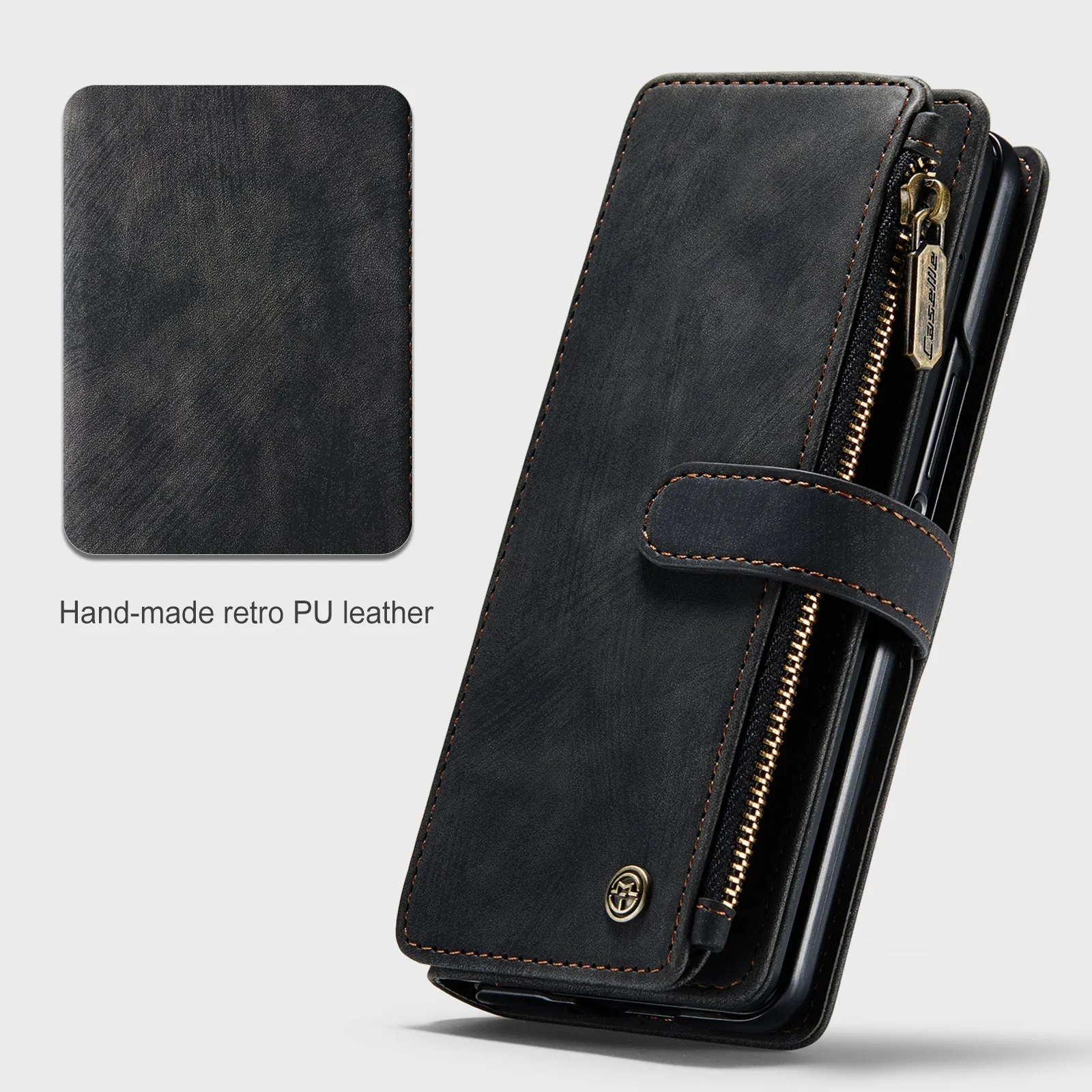 Durable PU Leather Magnetic Wallet Flip Lanyard Strap Wristlet Zipper Card Holder Phone Case for Samsung Galaxy Z Fold 3/Z Fold 4