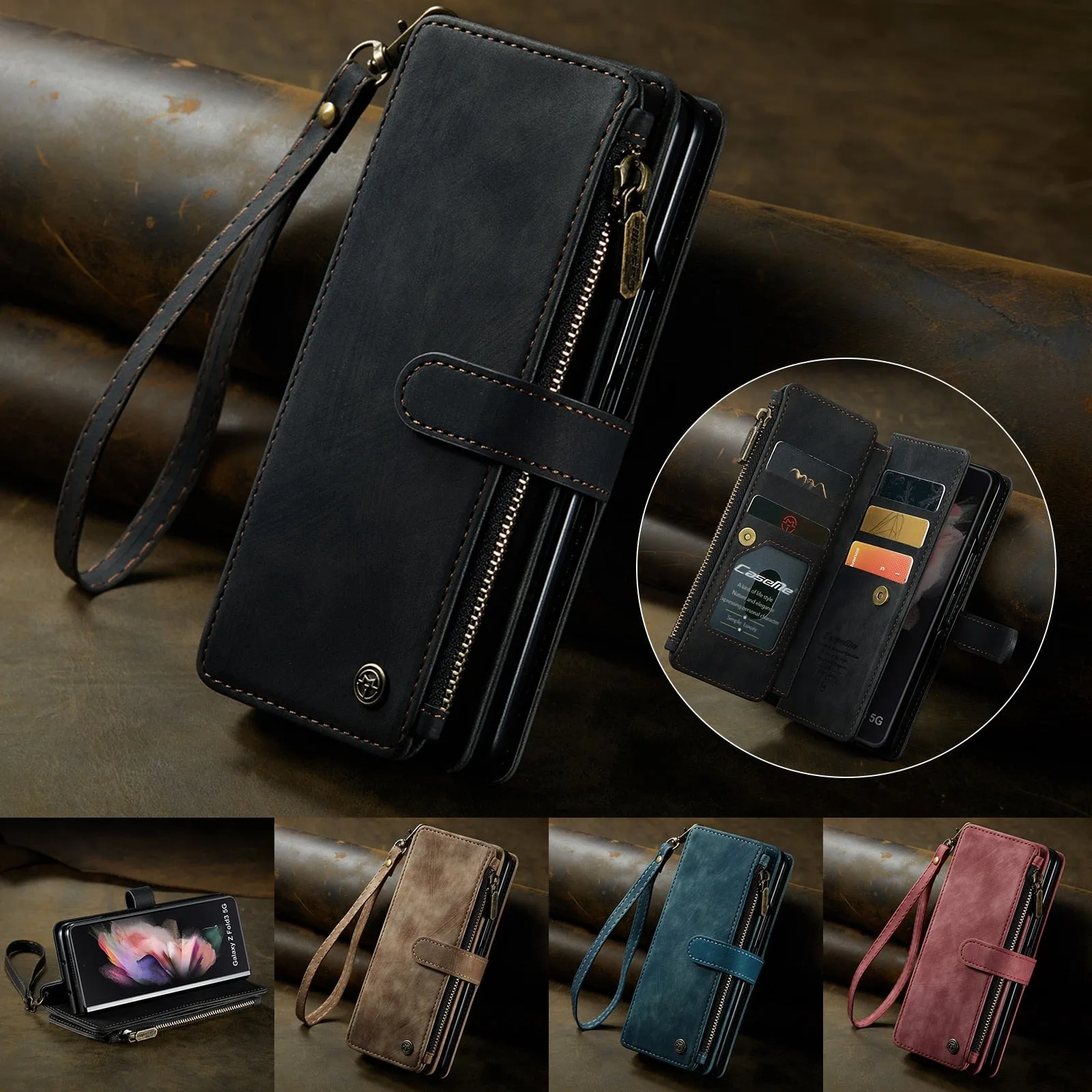 Durable PU Leather Magnetic Wallet Flip Lanyard Strap Wristlet Zipper Card Holder Phone Case for Samsung Galaxy Z Fold 3/Z Fold 4