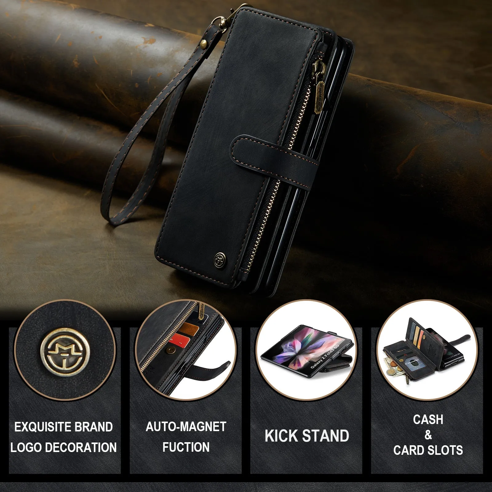Durable PU Leather Magnetic Wallet Flip Lanyard Strap Wristlet Zipper Card Holder Phone Case for Samsung Galaxy Z Fold 3/Z Fold 4