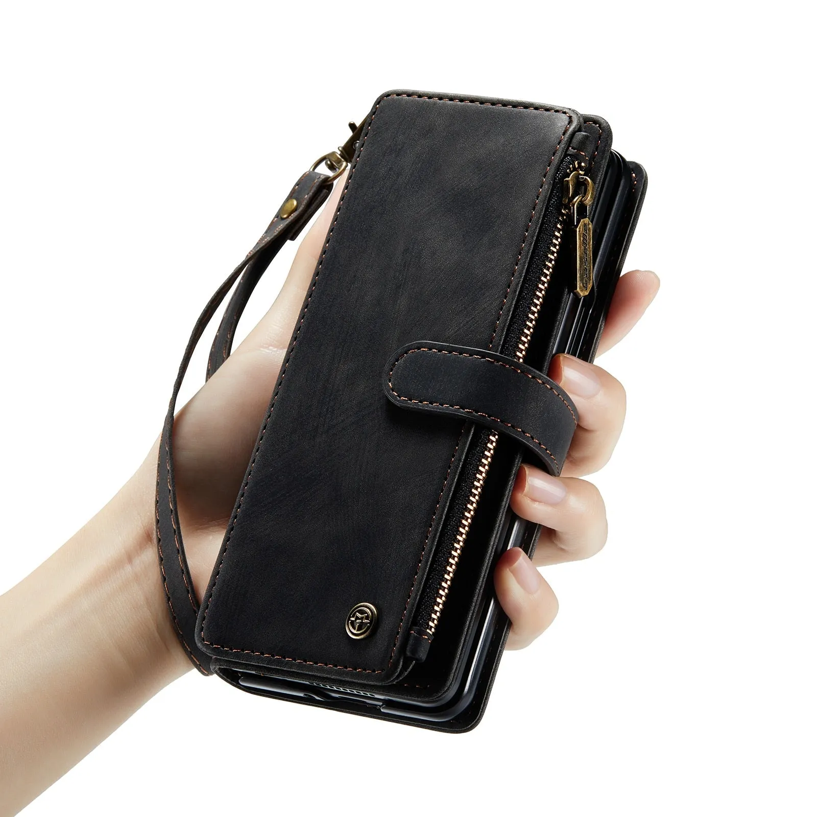 Durable PU Leather Magnetic Wallet Flip Lanyard Strap Wristlet Zipper Card Holder Phone Case for Samsung Galaxy Z Fold 3/Z Fold 4
