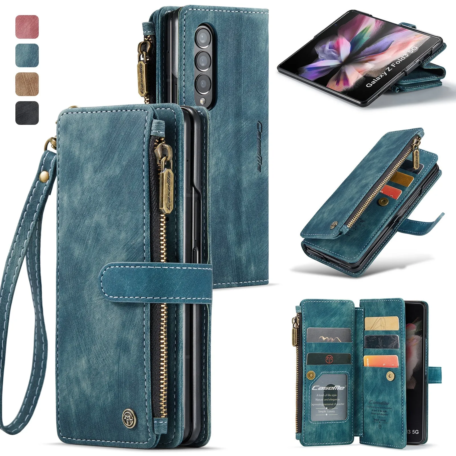 Durable PU Leather Magnetic Wallet Flip Lanyard Strap Wristlet Zipper Card Holder Phone Case for Samsung Galaxy Z Fold 3/Z Fold 4
