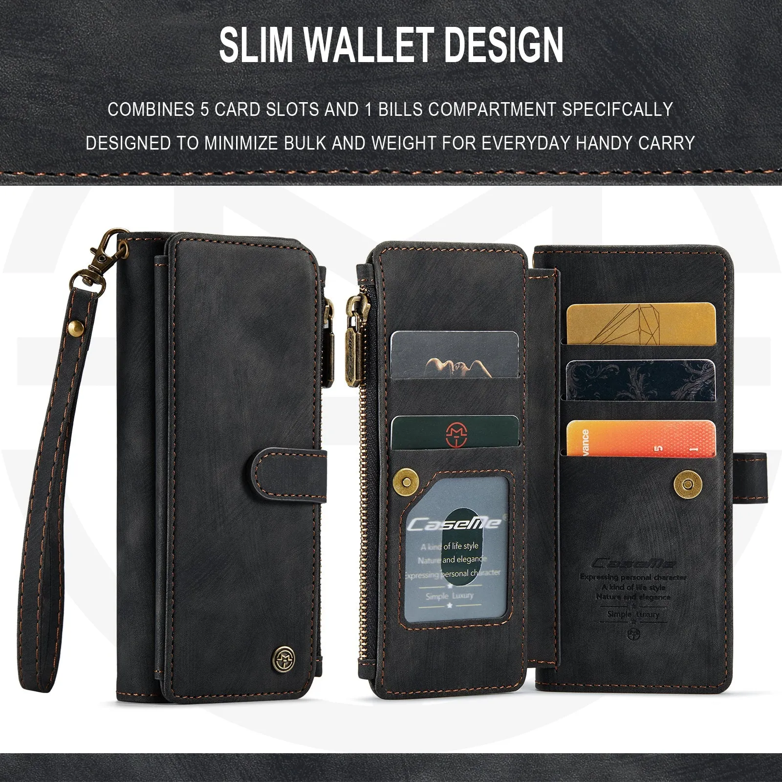 Durable PU Leather Magnetic Wallet Flip Lanyard Strap Wristlet Zipper Card Holder Phone Case for Samsung Galaxy Z Fold 3/Z Fold 4