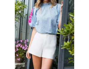 Embroidered Puff Sleeve Striped Top In Blue