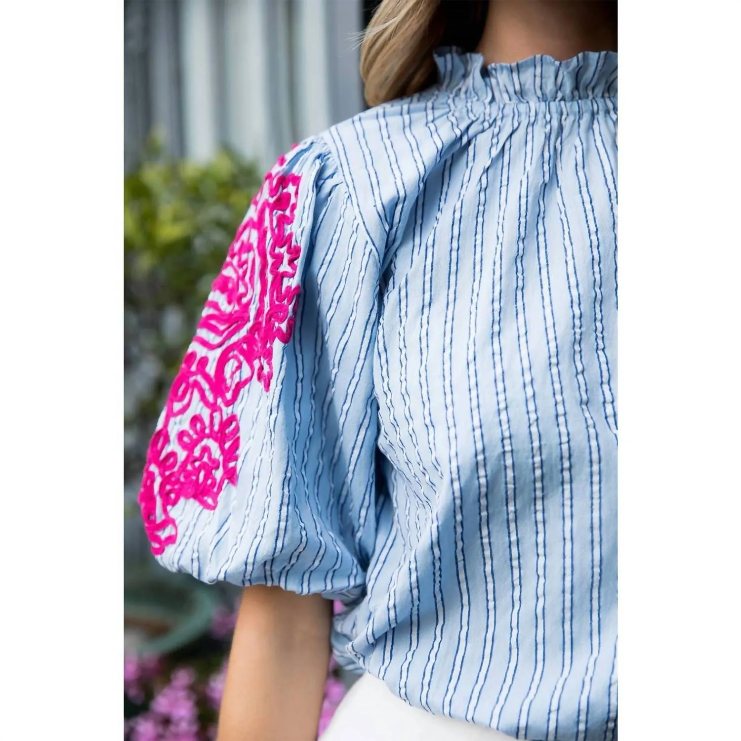 Embroidered Puff Sleeve Striped Top In Blue