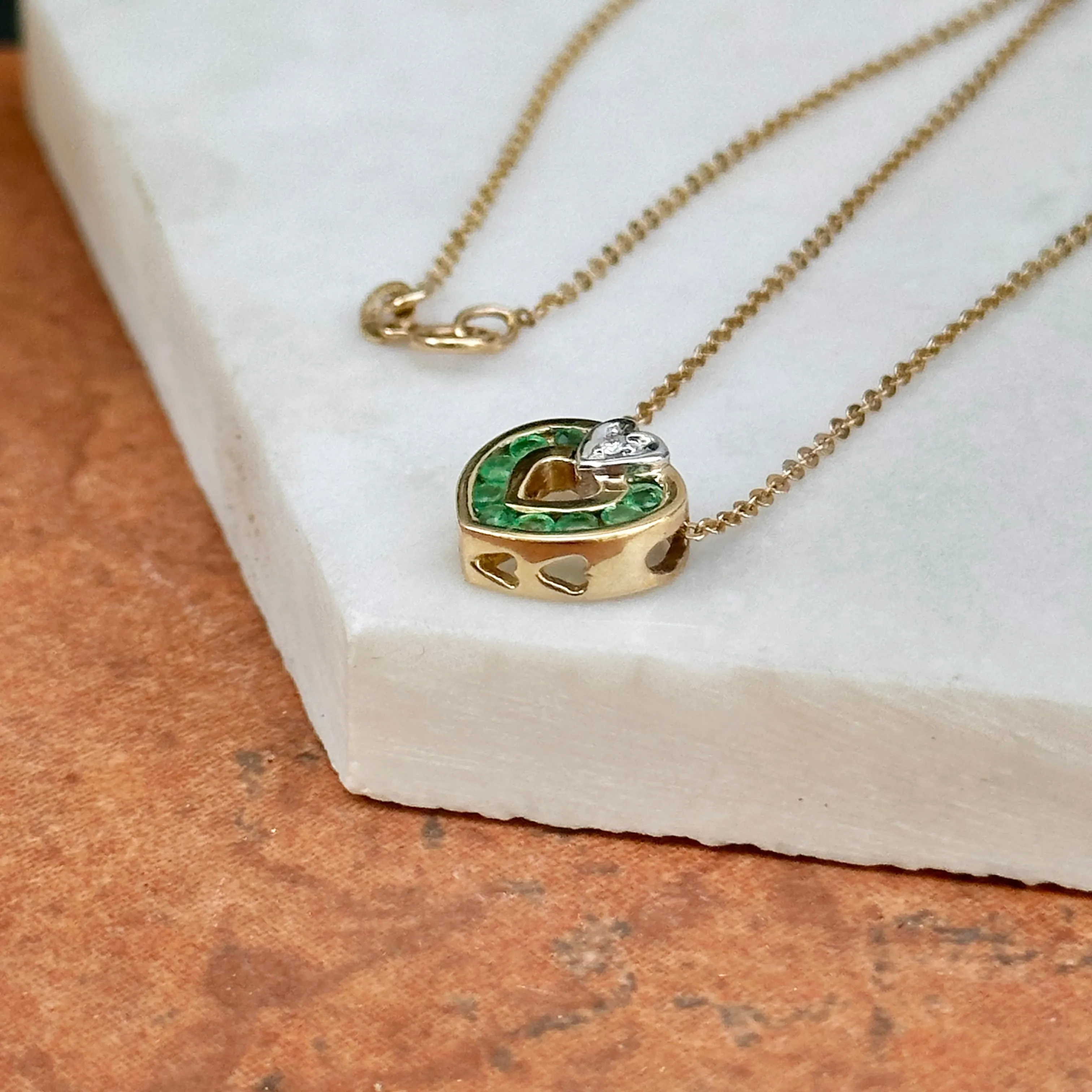 Estate 14KT Yellow Gold Emerald   Diamond Heart Necklace