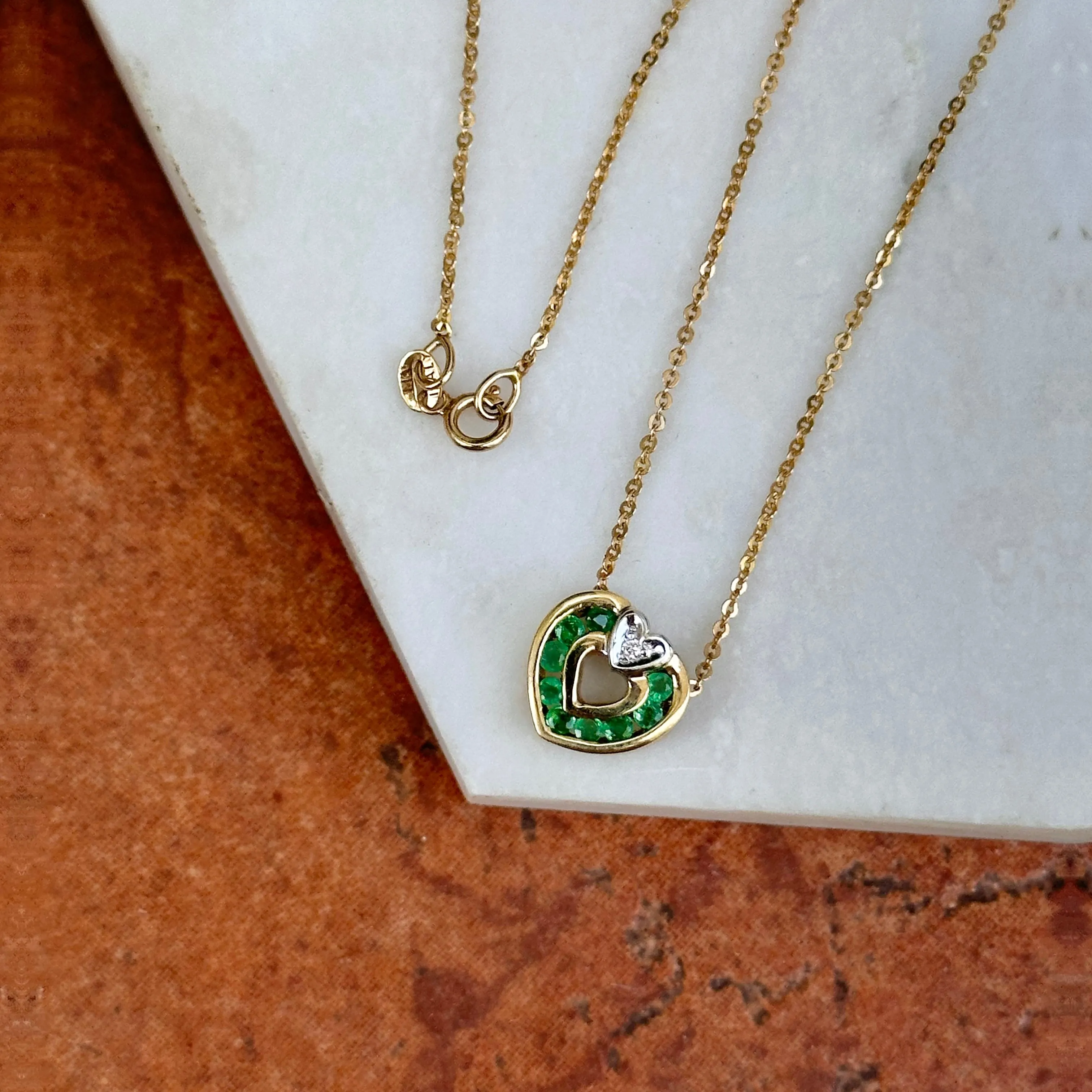 Estate 14KT Yellow Gold Emerald   Diamond Heart Necklace