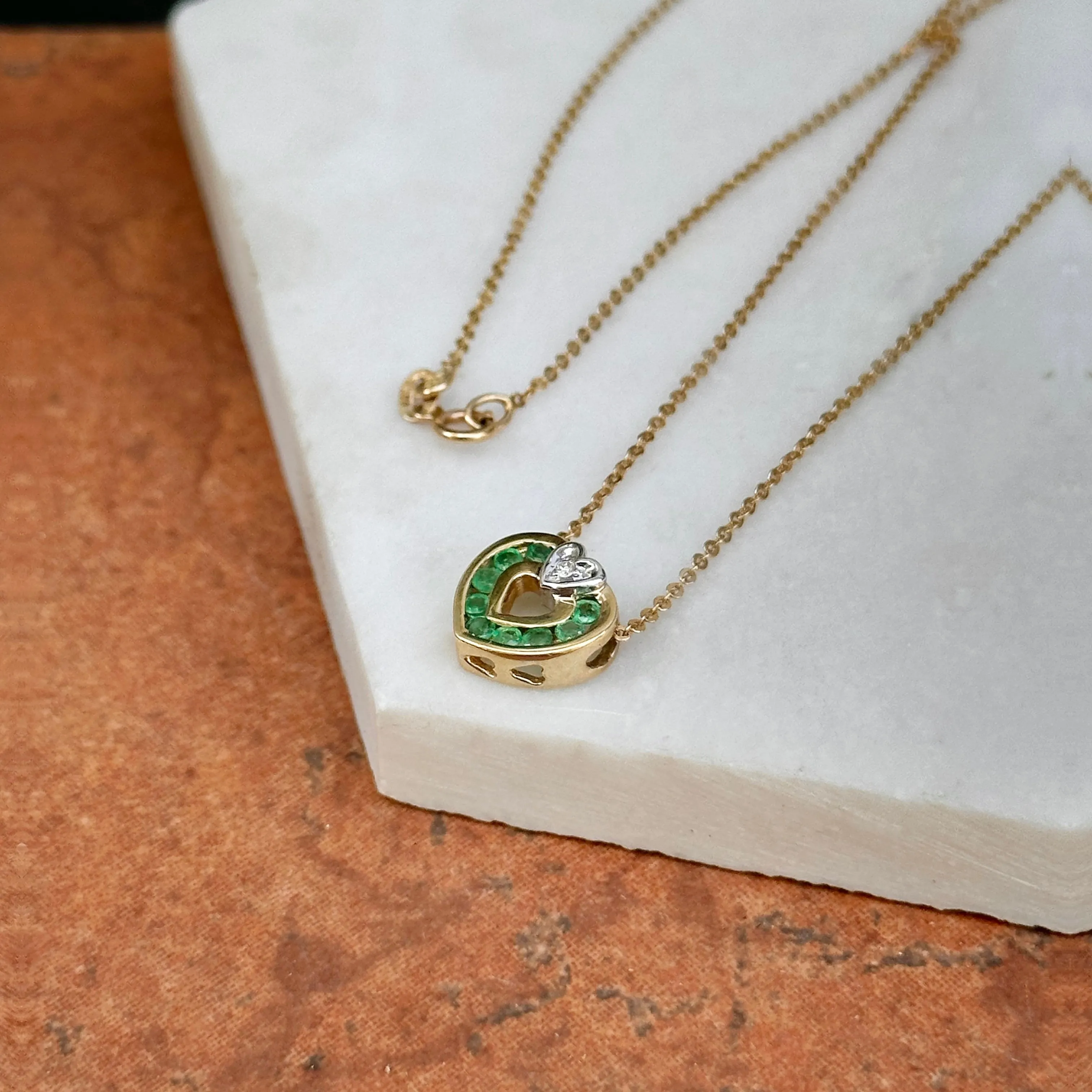 Estate 14KT Yellow Gold Emerald   Diamond Heart Necklace