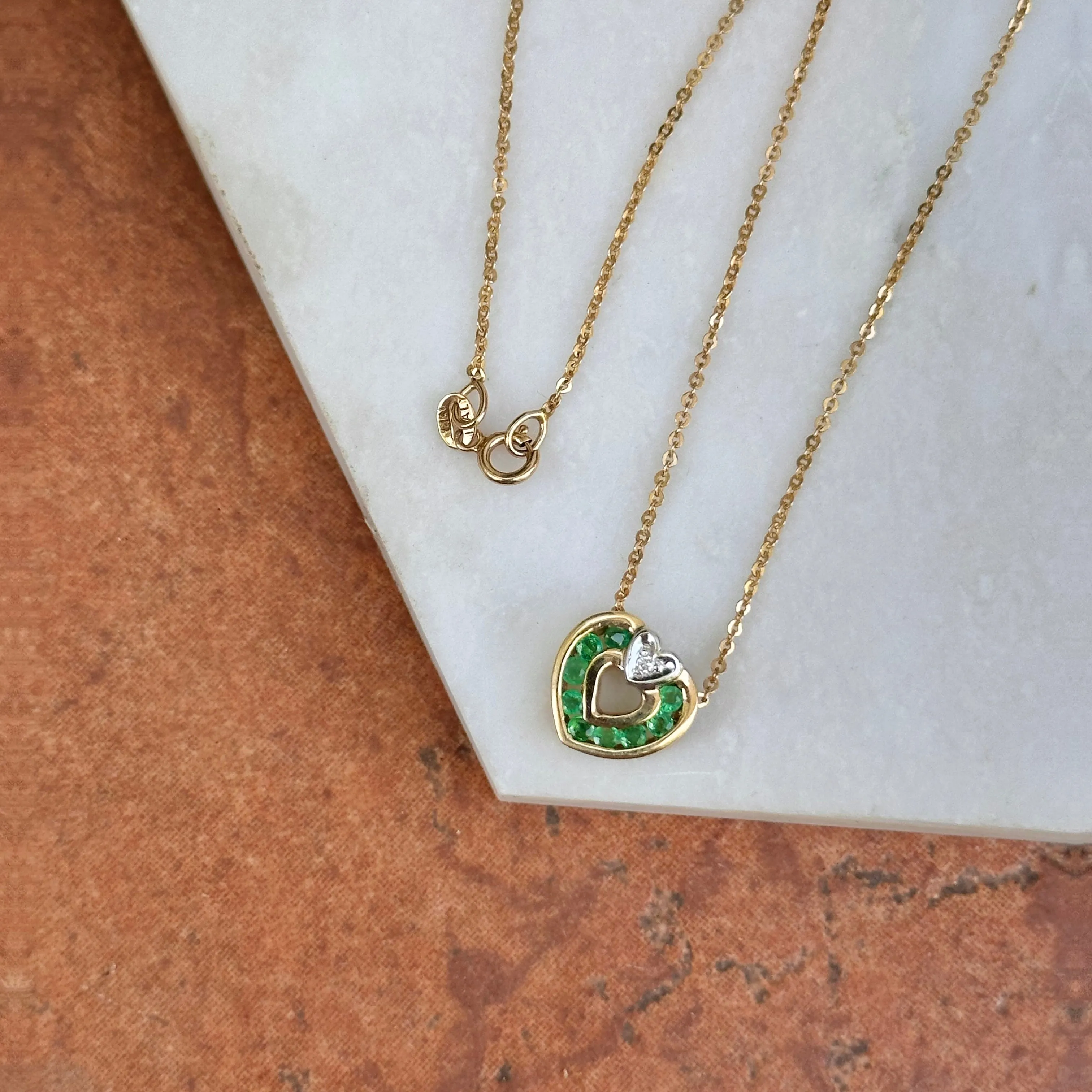 Estate 14KT Yellow Gold Emerald   Diamond Heart Necklace