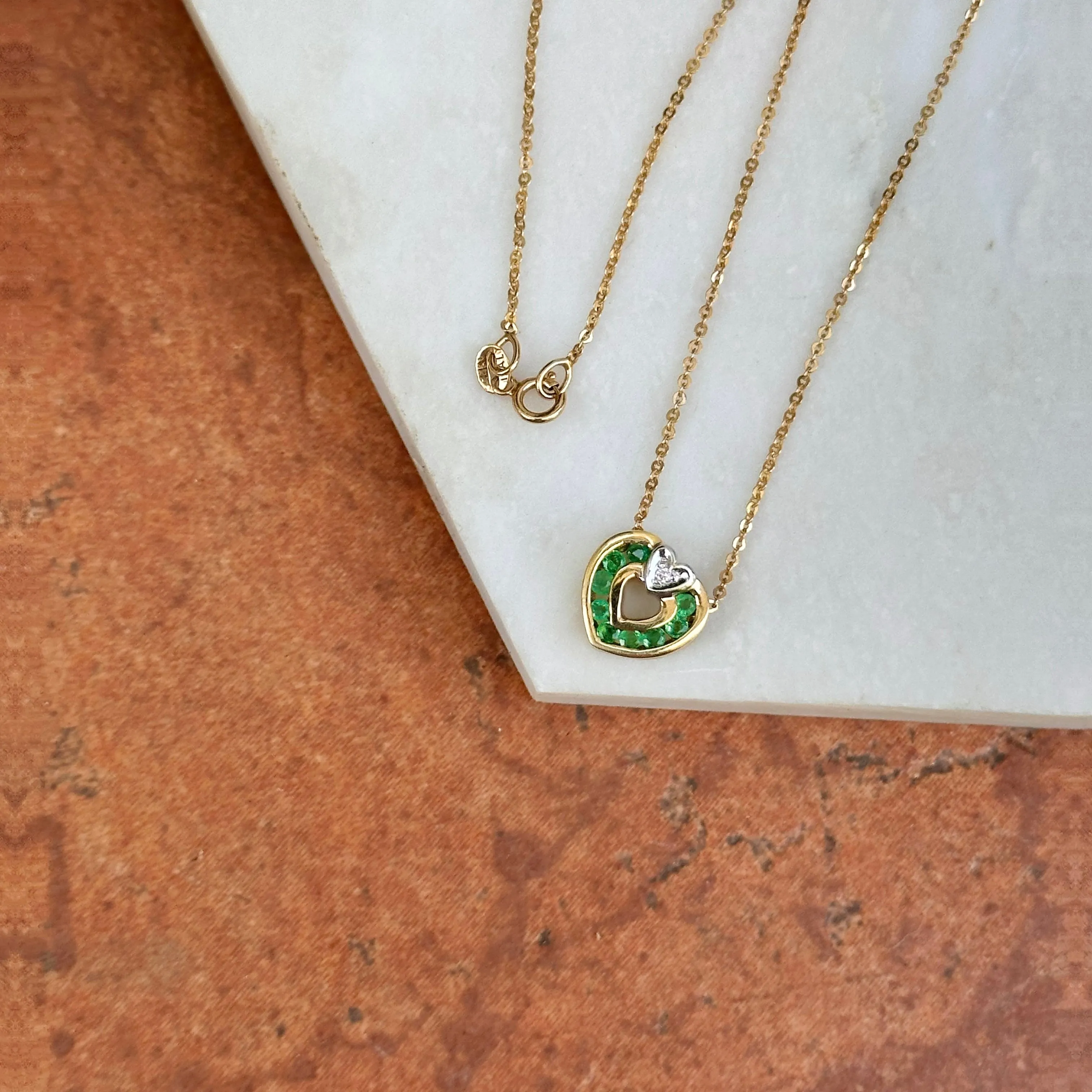Estate 14KT Yellow Gold Emerald   Diamond Heart Necklace