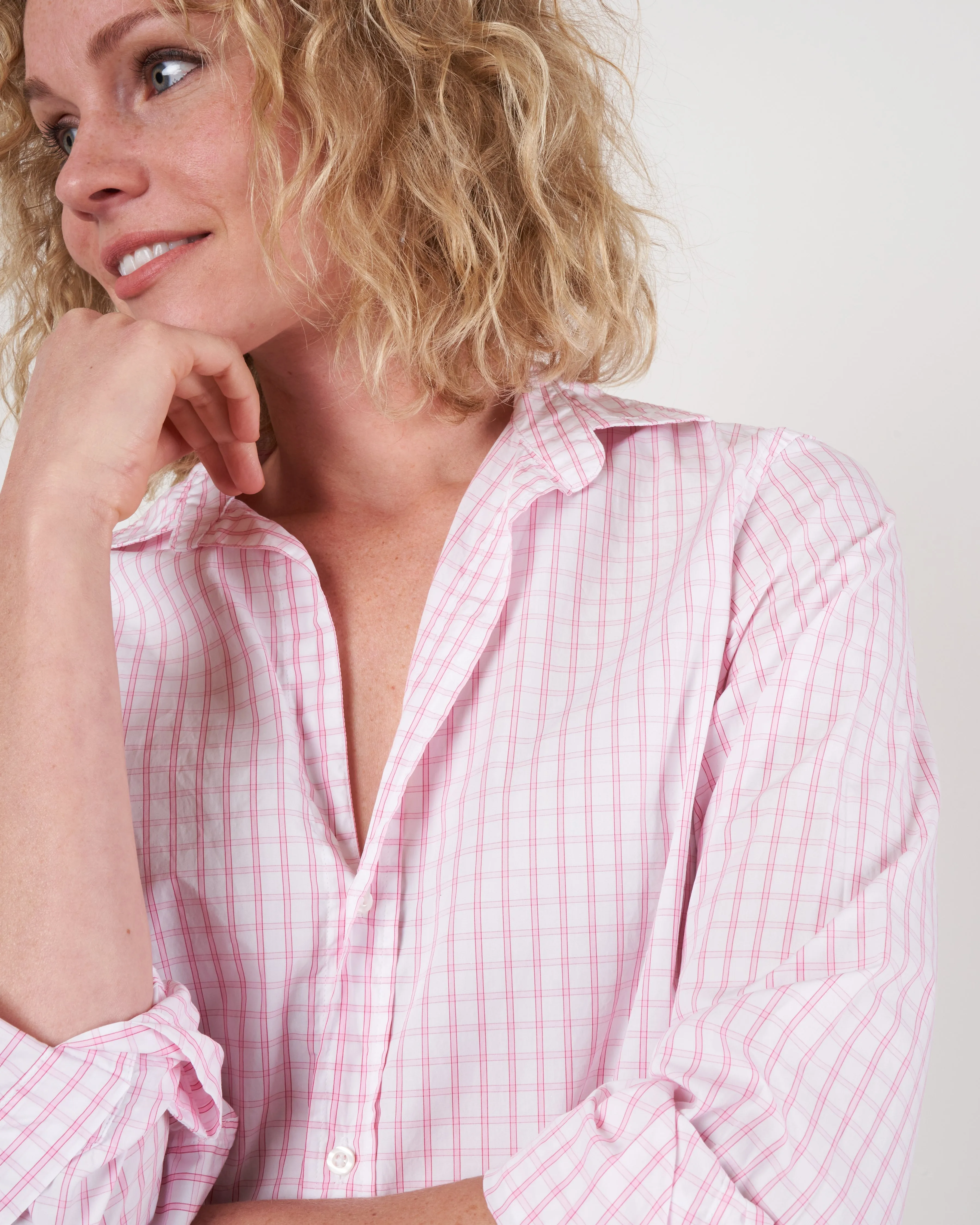 frank woven button up - pink grid