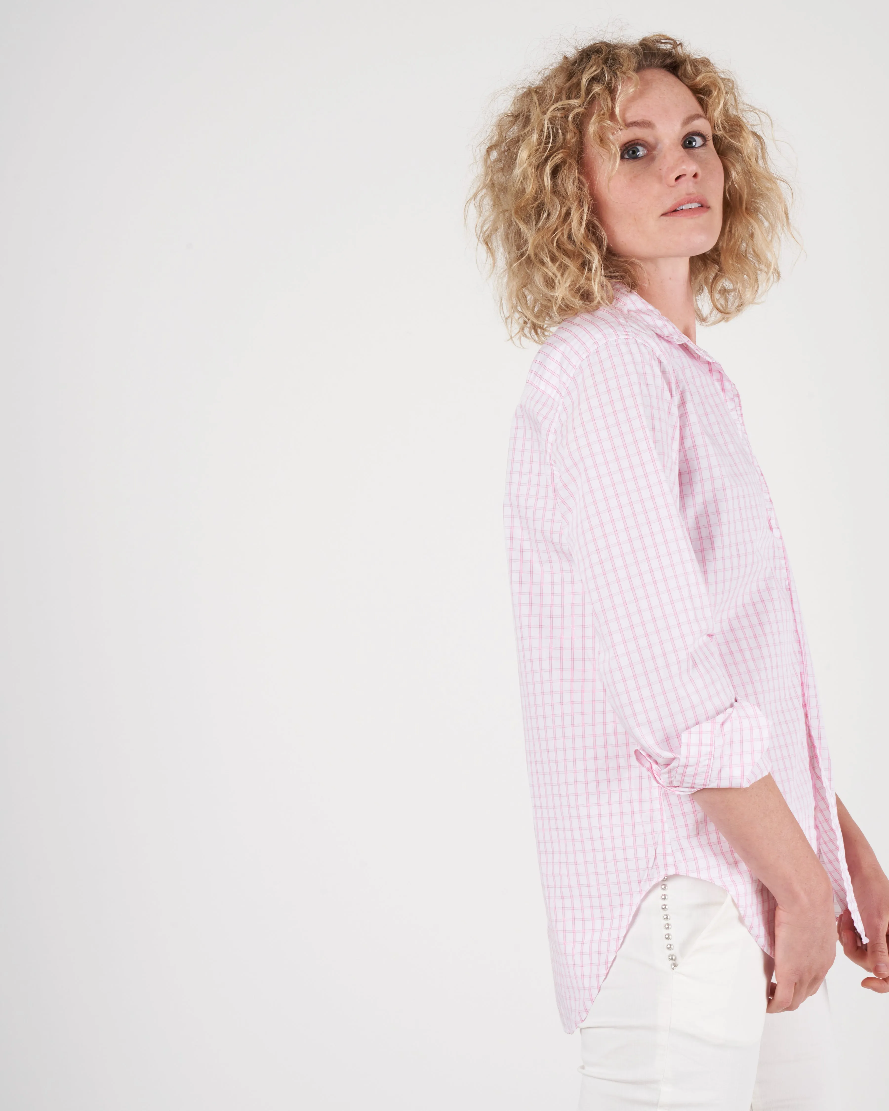 frank woven button up - pink grid