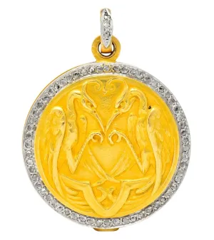 French Belle Epoque Diamond Platinum 18 Karat Gold Heron Compact Edwardian Pendant