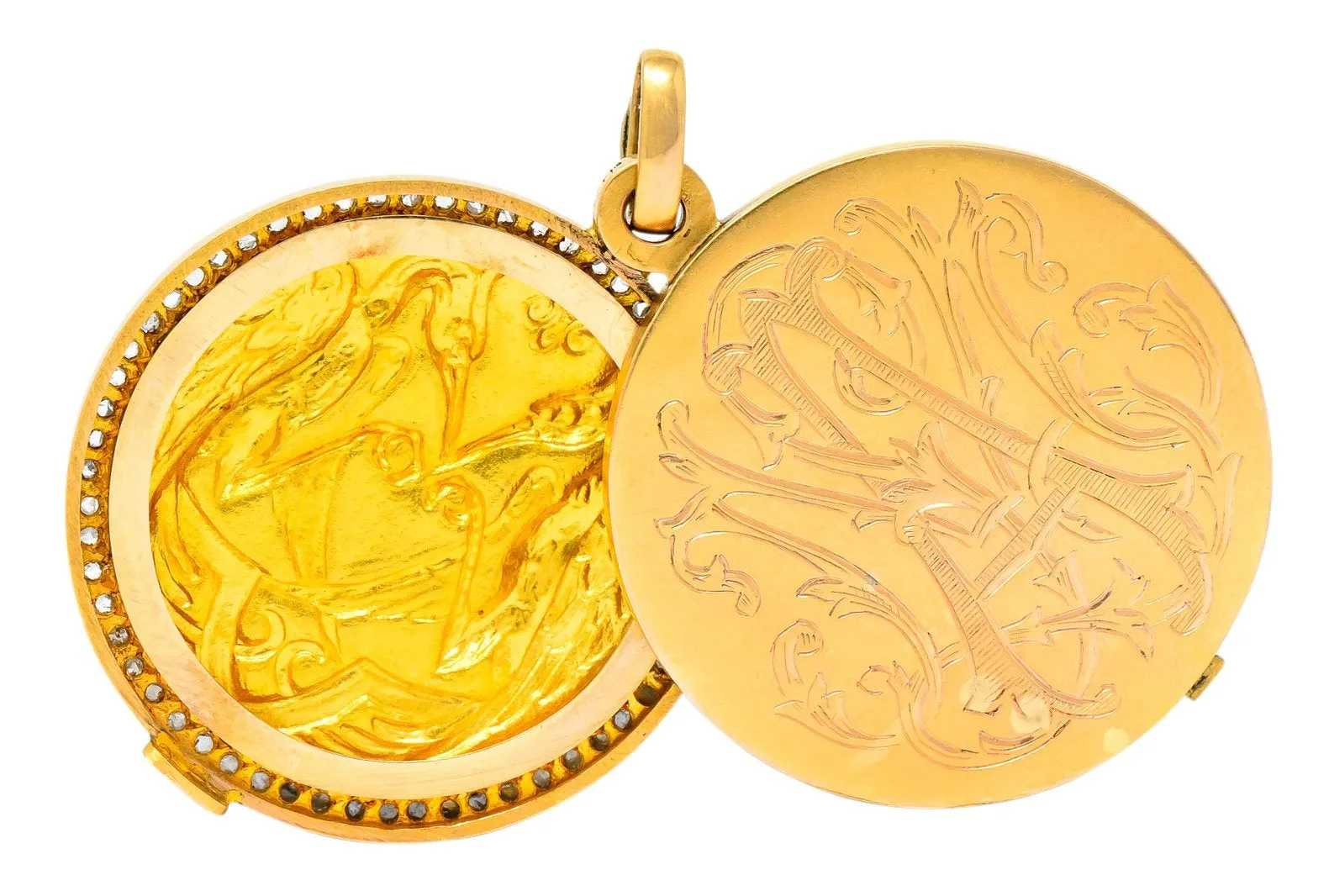 French Belle Epoque Diamond Platinum 18 Karat Gold Heron Compact Edwardian Pendant